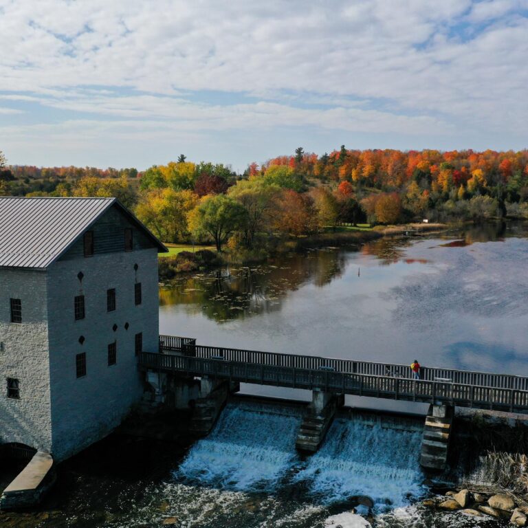 Aerial view of an old mill in fall