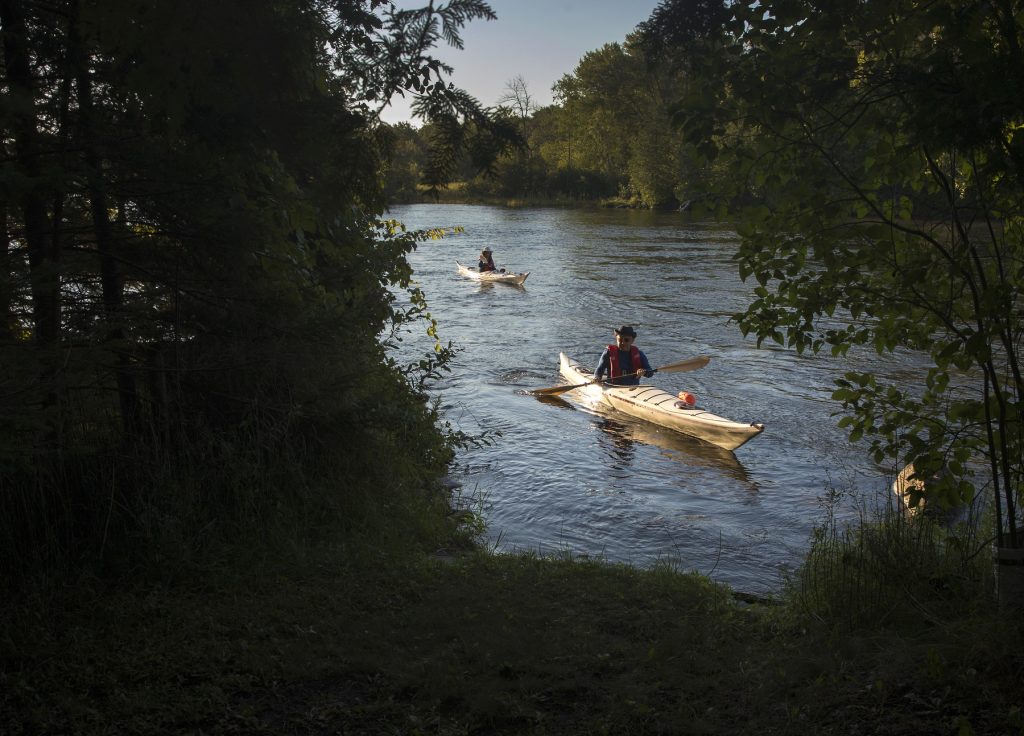 Two kayakers, seen from the shoreline